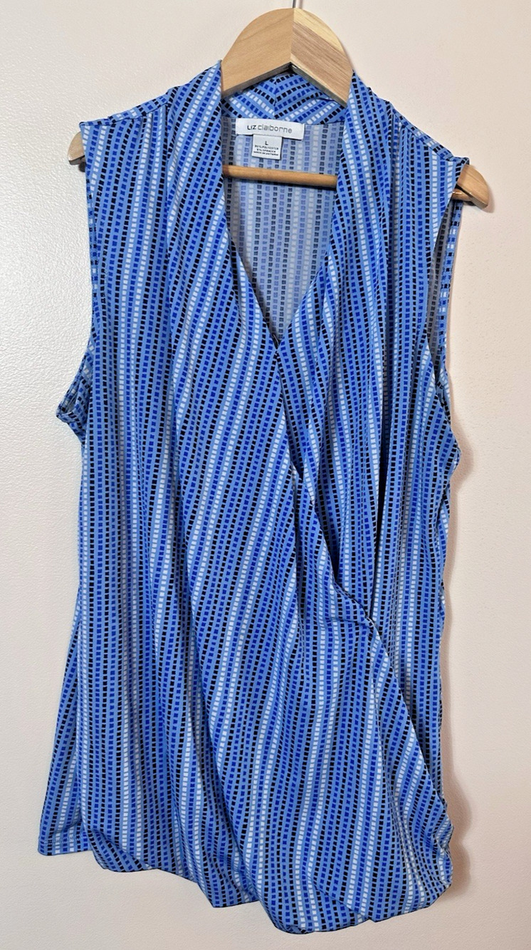 Liz Claiborne Top Womens Large Blue White Stripe Surplice Wrap Top Sleeveless L